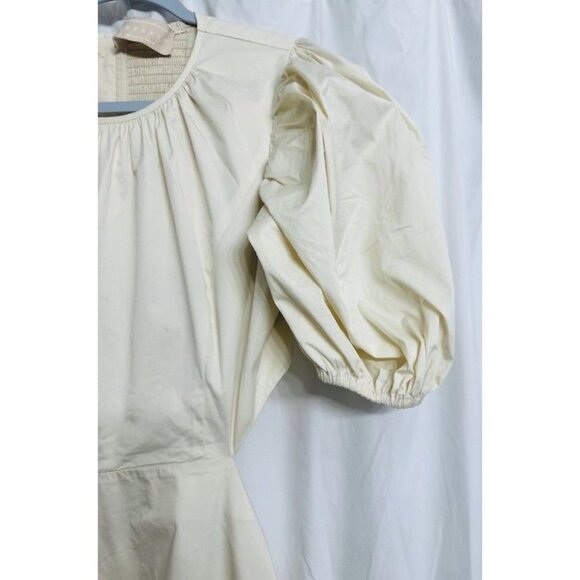 Keepsake Asymmetric Beige Short Puffy Sleeves Open Cut Waist Ruffled Hem Dress 8 - Picture 3 of 9